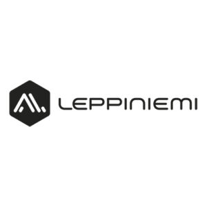 Leppiniemi-logo: musta kuusikulmio, jossa kirjain M ja teksti LEPPINIEMI